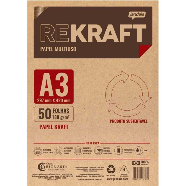 Papel Kraft A3 180g 297 X 420mm Pct C 50 Fls Jandaia 1131 Na Papelaria