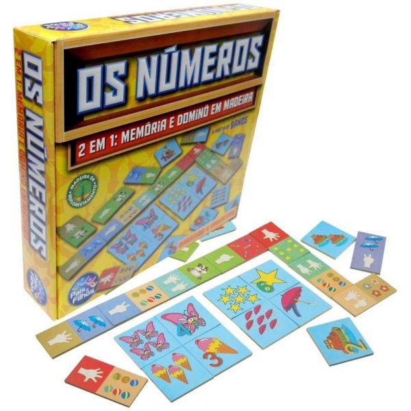 Jogo da Memória e Dominó Os Números em Madeira 28 Peças Pais e
