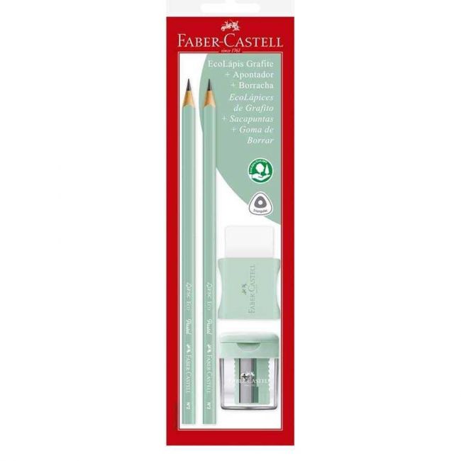 Lápis Preto Nº2 Triangular Faber Castell HB c/2 Lápis + Apontador + Borracha Verde Água