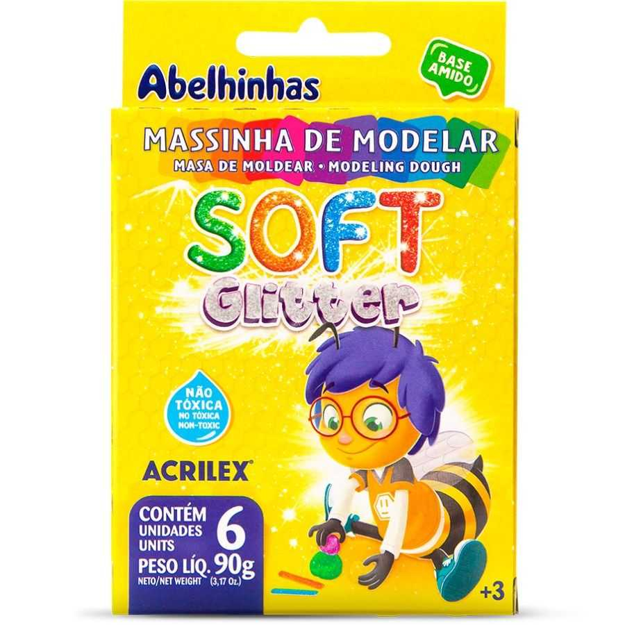 Massa de Modelar 6 Cores 90g Soft Glitter Acrilex na Papelaria Art Nova