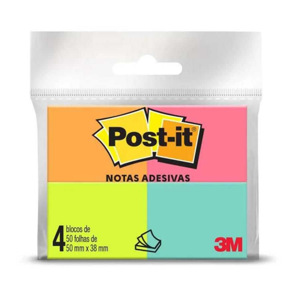 Recado Adesivo 38 x 50mm 3M Post-it 653 4 Blocos c/50 Folhas - Neon 4 Cores  Tropical na Papelaria Art Nova