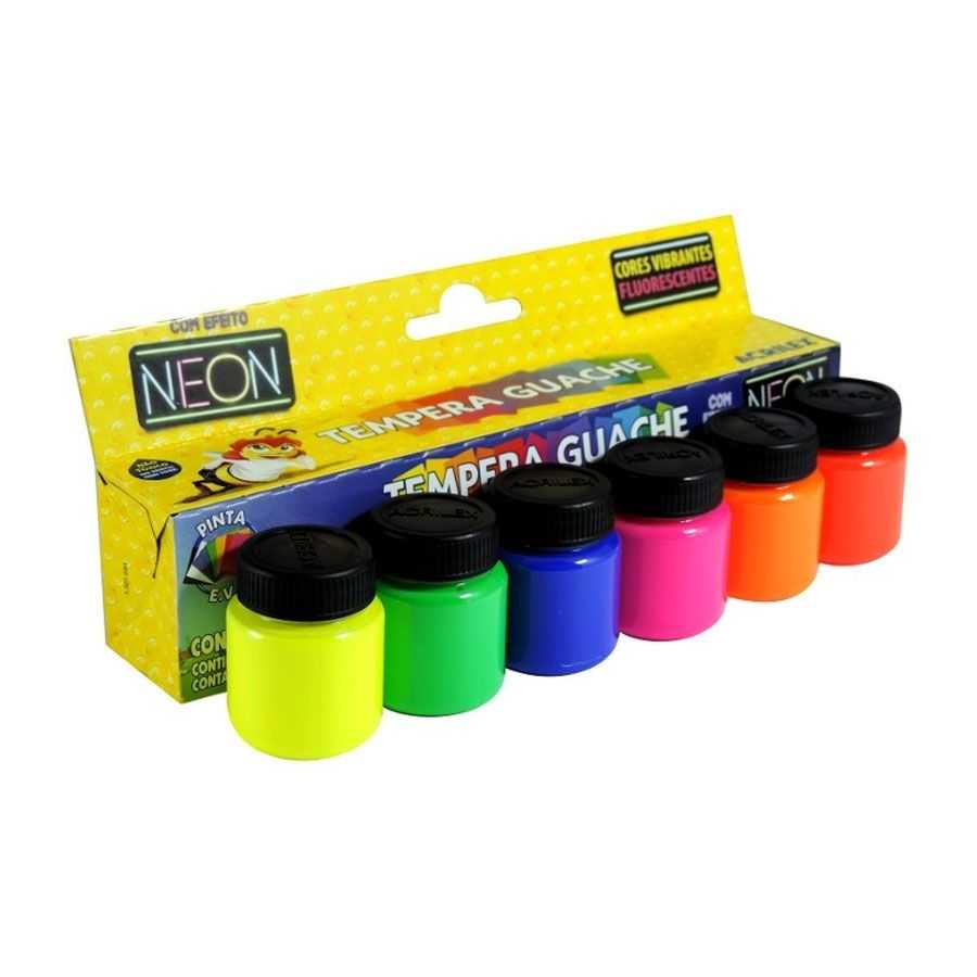 Tinta Guache 15ml 6 Cores Neon Lavável Acrilex Abelinhas 01006 na Papelaria Art Nova